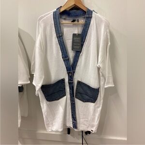 Shannon passero Women's White Cardigan with Denim Accents